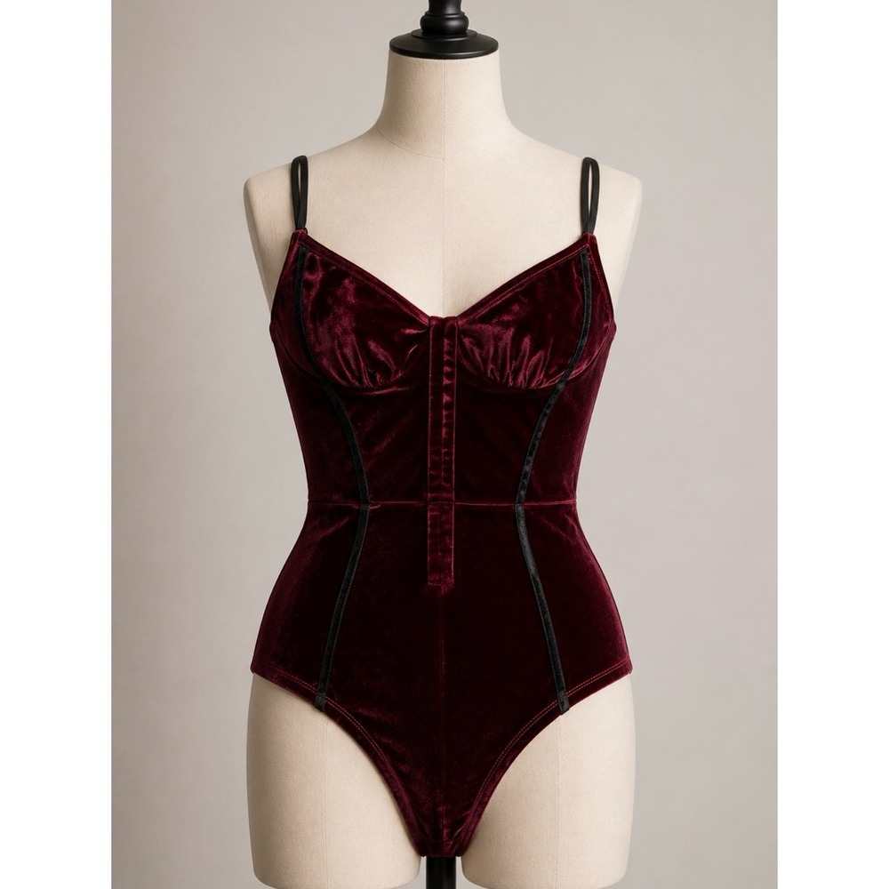 Cider Deep Burgundy Velvet Bodysuit Coquette Boho Sexy Date Night
